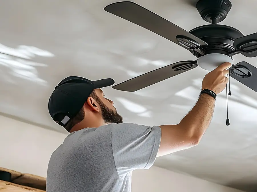 An electrician installing a ceiling fan in a bright room