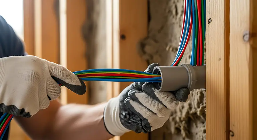 Gloved hands running new cable through a stud wall