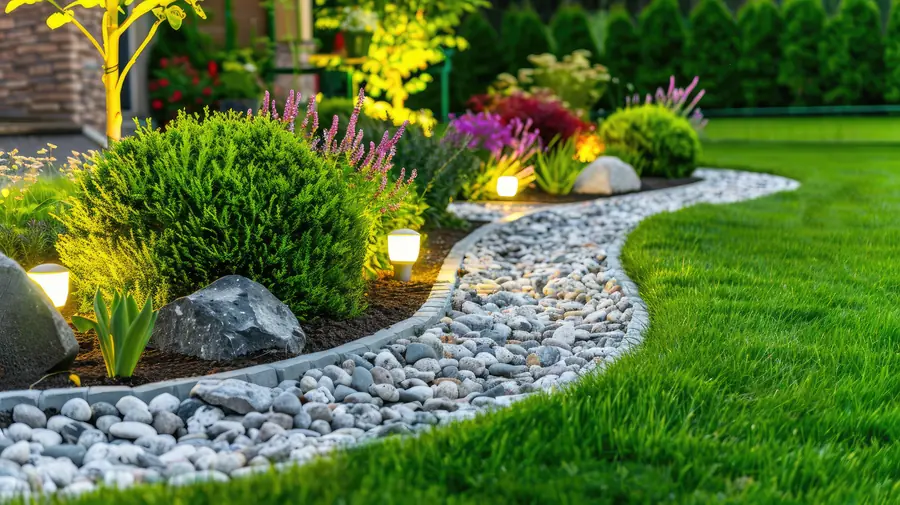 A garden bed and lawn lit by low landscape lights at dusk